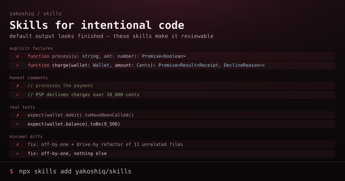 Skills for intentional code — yakoshiq/skills